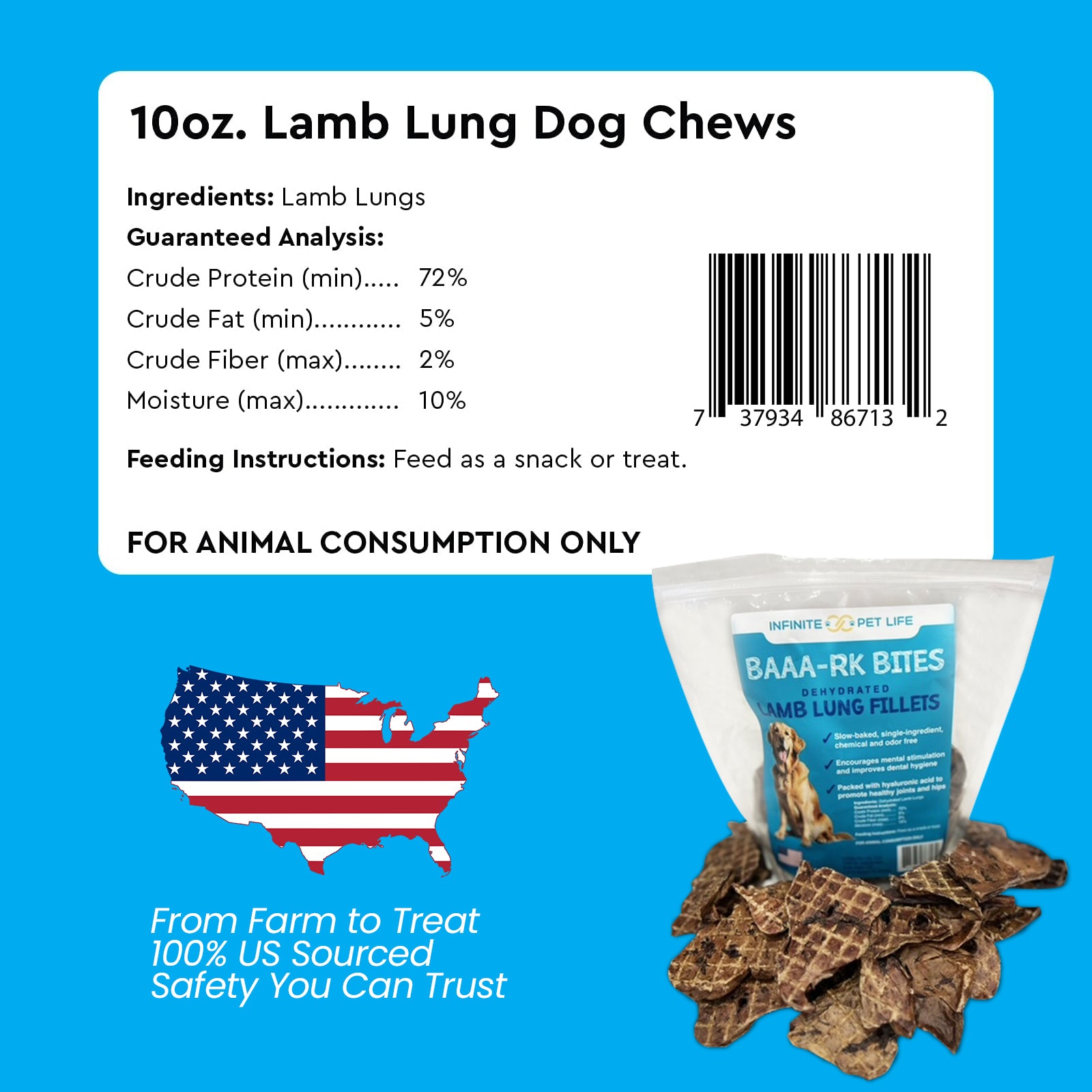 Infinite Pet Life BAAA-RK Bites Lamb Lung Dog Treats | 10oz | Made in USA | Dehydrated Lungs for Dogs